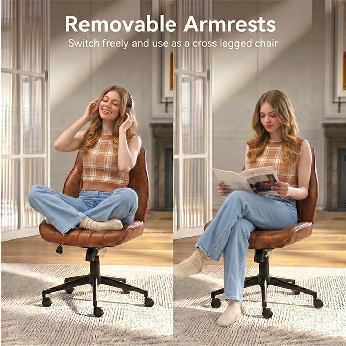 Brown Leather Office Chair, Mid Century Home Office Desk Chair | Ergonomic Curve Design, Removable Padded Arms, Height Adjustable Swivel Seat & Smooth Wheels, Vintage Mid-Back Computer Chair