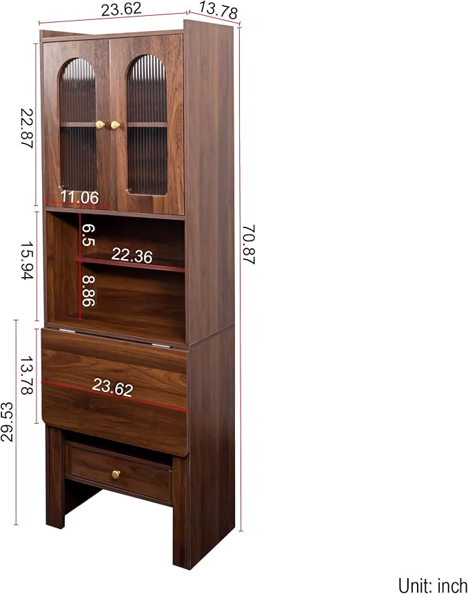 LUMISOL Fold-Out Home Office Desks Writing Table with Glass Doors, Drawers, Bookshelf & Storage Shelves, Modern Wooden Convertible Workstation for Work, Study, Walnut