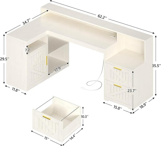 TVU Farmhouse L Shaped Desk with Drawers, 62.2" Home Office Desk with Storage Shelves and Power Outlet, L Shaped Computer Desk with Monitor Stand and Printer Shelf, White