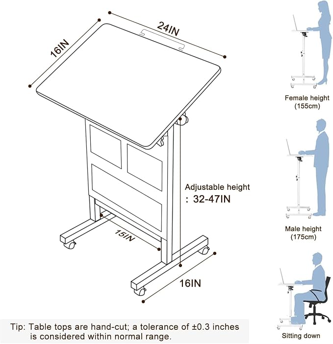 KOUPA Adjustable Height Standing Desk, 24 in Writable Tempered Glass Desktop with Eraser, 360° Flip, Wheels and Bag– Ideal for Small Spaces and Home Offices, White(Adjustable Height: 32-47 in)