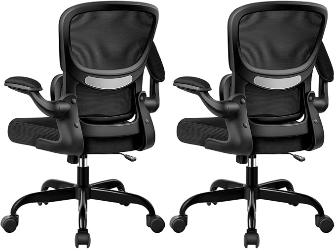 BESTFAIR Ergonomic Mesh Office Chair, Breathable Mesh Computer Desk Chair, Adjustable Lumbar Support, Flip-up Armrests, Executive Swivel Chair for Home Office, Black Pack of 2