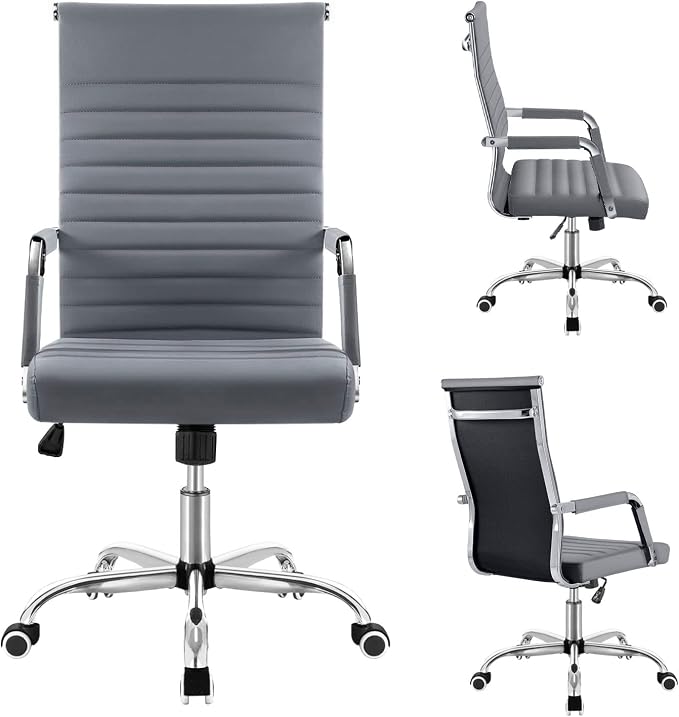 Shahoo Ribbed Office Chair, Mid-Back PU Leather Office Chair Executive Task Chair with 360° Swivel Wheels for Conference Room, Home Offices (Grey)