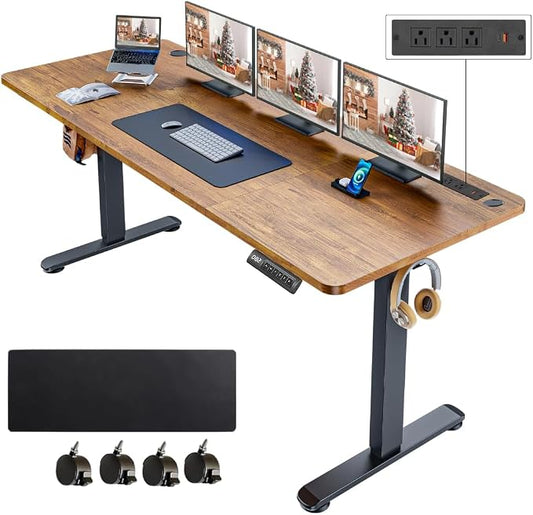 Electric Standing Desk with Power Outlets and USB-C Port, 63 x 24 Inches Adjustable Height Sit Stand Up Desk for Home Office, Adjustable Desk with Memory Preset and Wheels, Brown