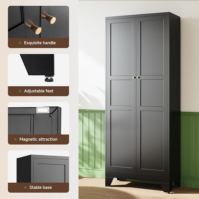 Letaya 75" H Metal Storage Cabinet with 2 Doors and 4 Shelves,Tall Kitchen Pantry Cabinets,Farmhouse Utility Pantry Organizers for Cupboard/Dining/Bathroom/Home Office/Garage Room,Black