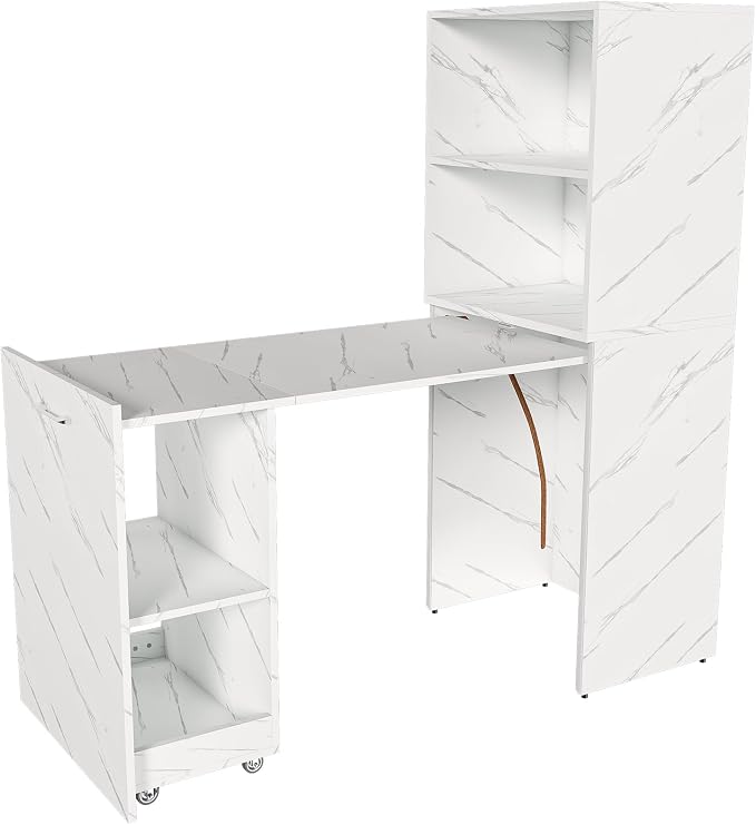 Fold Out Desk with Storage Shelves, Convertible Murphy Table, Mid Century Pull Out Home Office Desk with Mobile Wheels, Hidden Writing Desks for Small Spaces (White Marble)
