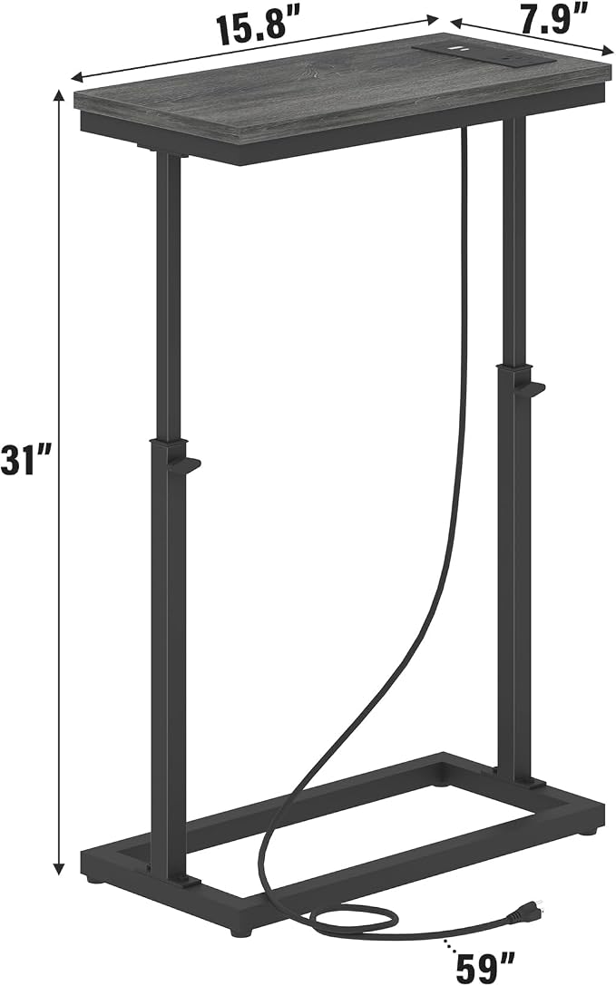 TUTOTAK End Table with Charging Station, Side Table, Tall Couch Table, Sofa Table, Living Room, Bedroom,Grey TB01BY084