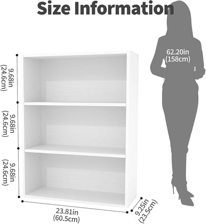 Sweetcrispy Industrial 3 Shelf Bookcase - Large 31.5 Inch Tall Floor Standing Open Bookshelf for Home Office, Living Room, and Bedroom Storage, Display Organizer, White