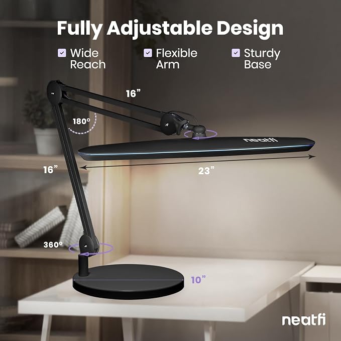 Neatfi XL 24W LED Desk Lamp – 2,200 Lumens | 23” Wide Shade | Dimmable Eye-Caring Task Light | Adjustable Arm | Office, Study, Crafting & Nail Techs (Black, Non-CCT with Base)