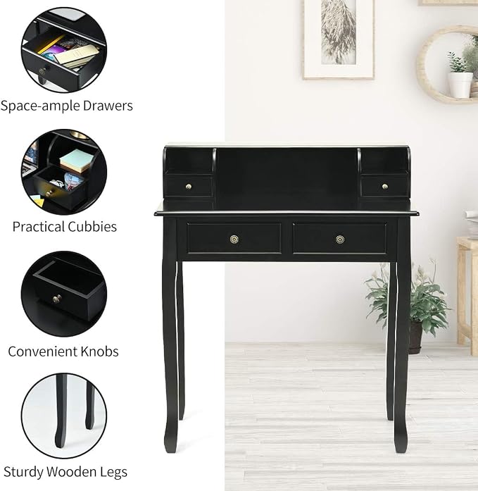 Giantex Writing Desk with 4 Drawers, Removable Floating Organizer 2-Tier Mission Home Computer Vanity Desk for Apartment Small Space (Black)