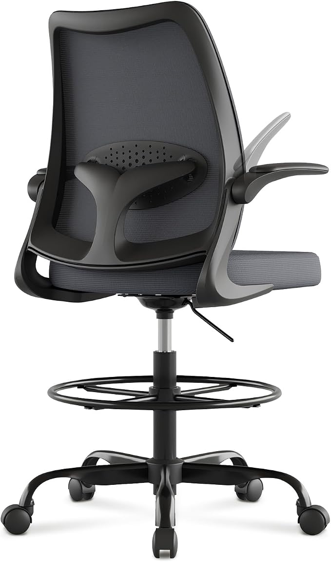 Tall Office Chair for Standing Desks,High Desk Drafting Chair with Adjustable Footrest Ring,Ergonomic Lumbar Support,Flip-Up Armrests for Home Office,Grey