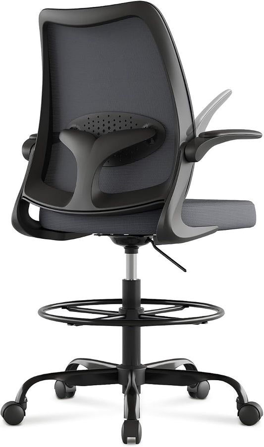 Tall Office Chair for Standing Desks,High Desk Drafting Chair with Adjustable Footrest Ring,Ergonomic Lumbar Support,Flip-Up Armrests for Home Office,Grey
