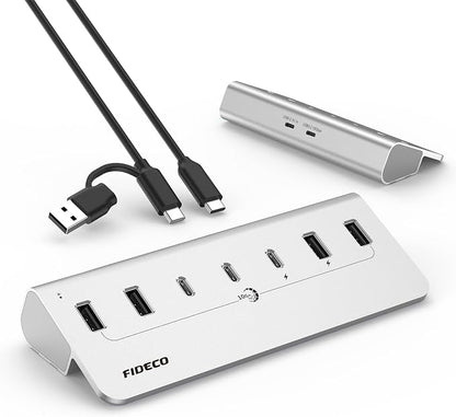 FIDECO Powered USB Hub, 7 Port 10Gbps Fast Data Hub for iPhone 16/15 and Laptop, Full Aluminum USB Splitter with 5V 3A Power Adapter, 4 USB A and 3 USB C Ports, Support BC1.2 Charging (Silver)
