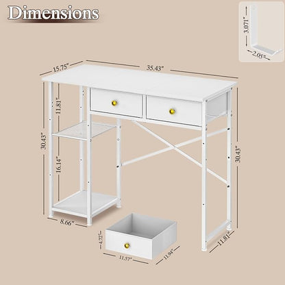 DAOUTIME White Computer Desk, 36 Inch Small Desk with Drawers, Home Office Desk with Storage Shelves for Bedroom, Living Room, Dorm, Vanity Desk for Small Spaces, White