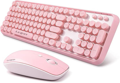 Pink Keyboard and Mouse Wireless, Keyboard for Long Nails, Typewriter Style Pink Keyboard with Round Keys, 2.4GHz Cute Bubble Full Size Keyboard and Mouse Combo with Number Pad for PC Laptop Desktop