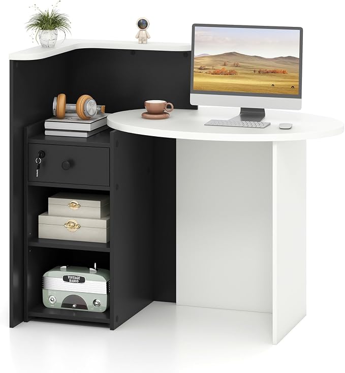 Tangkula Reception Desk, Front Counter Desk with Lockable Drawer & Adjustable Shelf, Oval Desktop, Retail Counter for Checkout, Computer Workstation for Salon Lobby Office, Home Office Desk