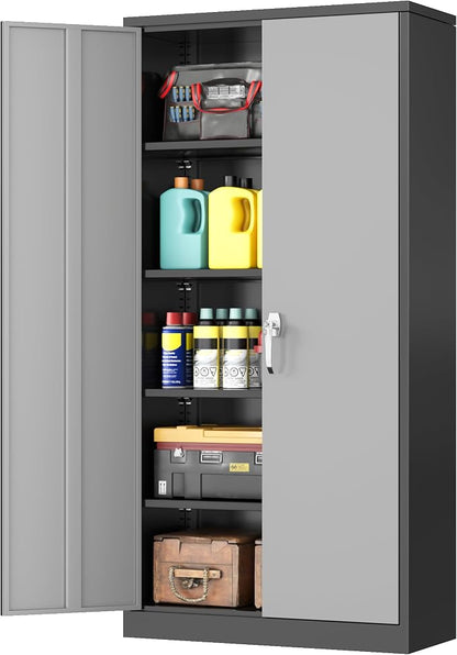 INTERGREAT Metal Garage Storage Cabinet with Lock, 72" Storage Cabinet with Locking Doors and 4 Adjustable Shelves, Lockable Steel Tool Cabinet for Home Office, School, Black Grey