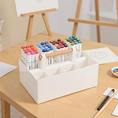 Buqoo Desk Organizer with 8 Compartments, Plastic Makeup Organizer with Wooden Handle, Pen Holder for Desktop Storage, Desk Organization for School, Home, Office Supplies (White)