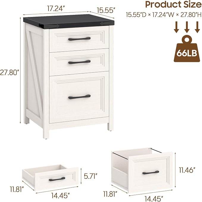 Vabches 3 Drawer Vertical File Cabinet, Farmhouse Wooden Filing Cabinet Fits A4 Letter Size, Under Desk Small File Cabinet, Printer Stand with Storage Organizer for Home Office, White and Black