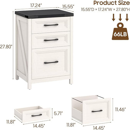Vabches 3 Drawer Vertical File Cabinet, Farmhouse Wooden Filing Cabinet Fits A4 Letter Size, Under Desk Small File Cabinet, Printer Stand with Storage Organizer for Home Office, White and Black
