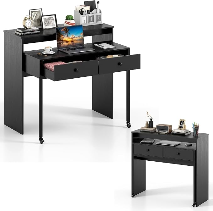 Giantex Small Computer Desk with Hutch & Drawers, Extendable Writing Desk w/Pull Out Secondary Table, Monitor Stand & Rolling Wheels, Console Table, Compact Desk for Small Spaces, Home Office (Black)