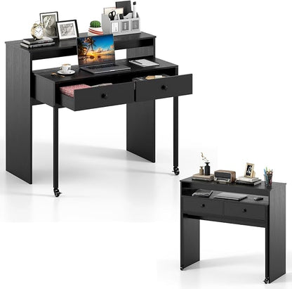 Giantex Small Computer Desk with Hutch & Drawers, Extendable Writing Desk w/Pull Out Secondary Table, Monitor Stand & Rolling Wheels, Console Table, Compact Desk for Small Spaces, Home Office (Black)