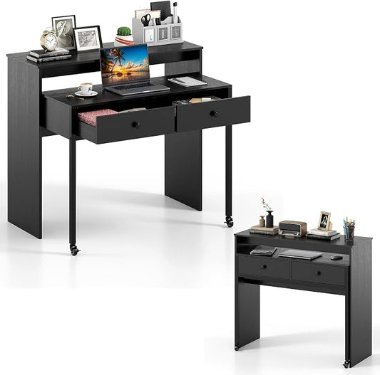 Giantex Small Computer Desk with Hutch & Drawers, Extendable Writing Desk w/Pull Out Secondary Table, Monitor Stand & Rolling Wheels, Console Table, Compact Desk for Small Spaces, Home Office (Black)