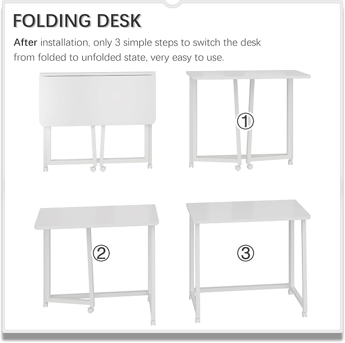 4NM 31.5" Mobile Small Folding Desk, Foldable Rolling Computer Home Office Desk, Study Writing Table for Small Space Saving Bedroom, with Wheels - All White