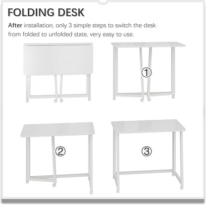 4NM 31.5" Mobile Small Folding Desk, Foldable Rolling Computer Home Office Desk, Study Writing Table for Small Space Saving Bedroom, with Wheels - All White