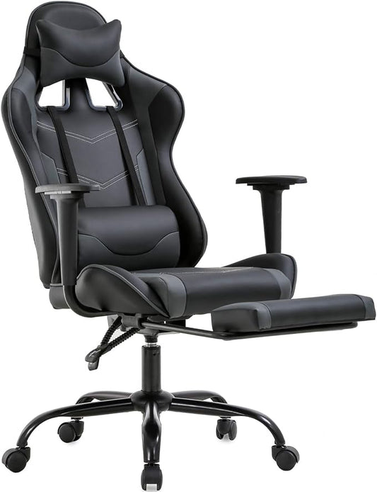 BestOffice | Ergonomic Gaming Chair | Grey | Reclining Computer Chair with Lumbar Support, Headrest Pillow, Adjustable Footrests | 360 Swivel with Heavy Duty Wheels | for Home & Office