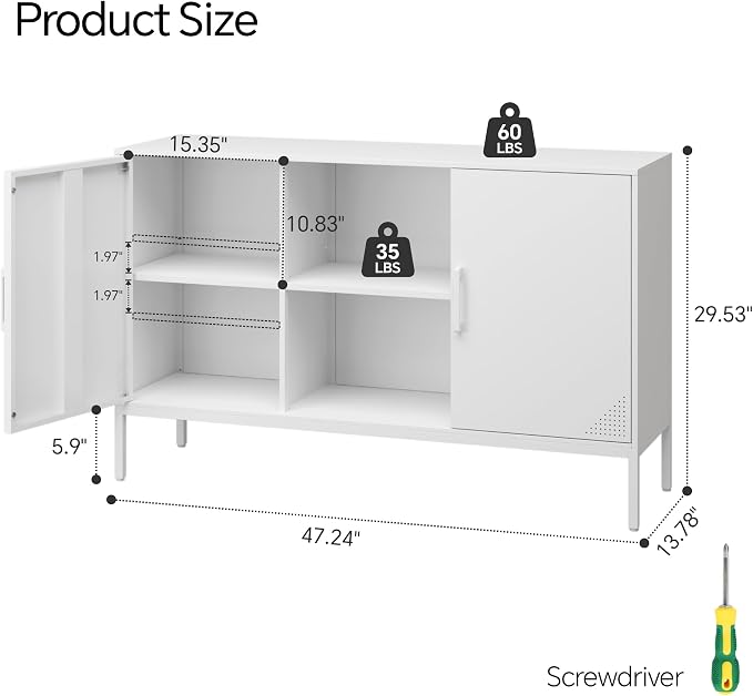 STEEHOOM TV Stand with Door and Adjustable Shelves, Buffet Sideboard Cabinet, Coffee Bar Metal Locker Pantry with 2 Shelves for Office, Home, Kitchen, Living Room (White, 47.24"D x 13.78"W x 29.53"H)