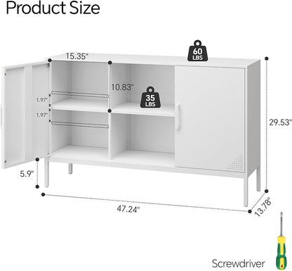 STEEHOOM TV Stand with Door and Adjustable Shelves, Buffet Sideboard Cabinet, Coffee Bar Metal Locker Pantry with 2 Shelves for Office, Home, Kitchen, Living Room (White, 47.24"D x 13.78"W x 29.53"H)