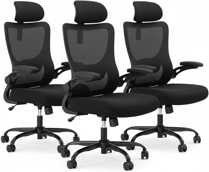 Marsail Ergonomic Office Chair with 3D Armrests, Pack of 3 | Office Desk Chair with High Back Mesh, Adjustable Lumbar Support, Rolling Work Swivel Task Chairs with Wheel, Headrest, home