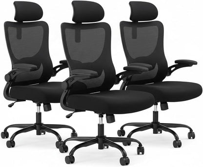 Marsail Ergonomic Office Chair with 3D Armrests, Pack of 3 | Office Desk Chair with High Back Mesh, Adjustable Lumbar Support, Rolling Work Swivel Task Chairs with Wheel, Headrest, home
