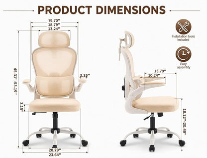 Ergonomic Office Chair with Adjustable Headrest & Lumbar Support, High Back Mesh Desk Chair, 330 LBS Capacity Swivel Computer Chair with Flip-Up Arms, Home Office Gaming Chair (Beige)