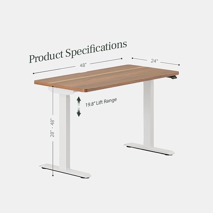 Branch Duo Standing Desk 48 Inches - Adjustable Standing Desk with 20” Range - OLED Control Panel - Frameless Design & Compact Size Suitable for Many Spaces - White Base - Walnut Top