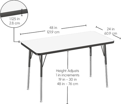 FDP Dry-Erase Rectangle Activity School and Office Table (24 x 48 inch), Standard Legs with Swivel Glides, Adjustable Height 19-30 inches; Quick Ship Single Box - Whiteboard Top and Black Edge