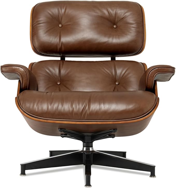 Mid Century Chaise Lounge Chair with Ottoman, Luxury Oil-Waxed Leather Reading Chair, Modern Chair Classic Design, Heavy Duty Base Support for Living Room Study Lounge Office Walnut Dark Brown