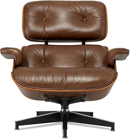 Mid Century Chaise Lounge Chair with Ottoman, Luxury Oil-Waxed Leather Reading Chair, Modern Chair Classic Design, Heavy Duty Base Support for Living Room Study Lounge Office Walnut Dark Brown