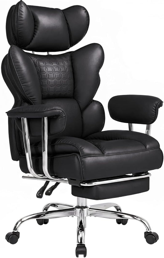 DUMOS Big and Tall Office Chair 400 LBS, Scratch-Resistant PU Leather Executive Office Desk Chair with Footrest, Ergonomic Reclining Computer Chairs with Pocket Spring Support, Black