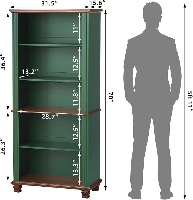 SAVOR LIFE 70" Tall Green Bookshelf,5 Tier Wooden Book Shelf with Adjustable Shelves & Wood Legs,Free Standing Farmhouse Bookcase with Open Display Storage,Vintage Bookshelves for Library, 2PCS