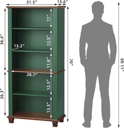 SAVOR LIFE 70" Tall Green Bookshelf,5 Tier Wooden Book Shelf with Adjustable Shelves & Wood Legs,Free Standing Farmhouse Bookcase with Open Display Storage,Vintage Bookshelves for Library, 2PCS