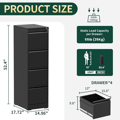 4 Drawer File Cabinet with Lock, Vertical Filing Cabinets for Home Office, Locking File Cabinet Hanging Files for A4/ Legal/Letter, Require Assembly, Black