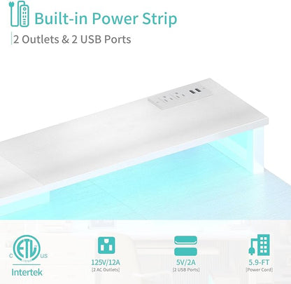 Lufeiya Gaming Desk with LED Lights and Power Outlets, 47 Inch Home Office Desks with Keyboard Tray, White Computer Desk with File Drawers Cabinet, Writing Table PC Desks with Monitor Stand, White