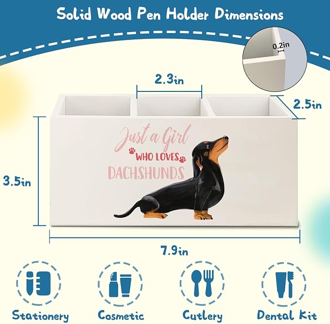 Funny Dachshund Pen Pencil Holder Organizer for Desk Accessories,Dachshund Lover Gifts for Women Girls Wooden Pen Pencil Holder for Office Desk Accessories