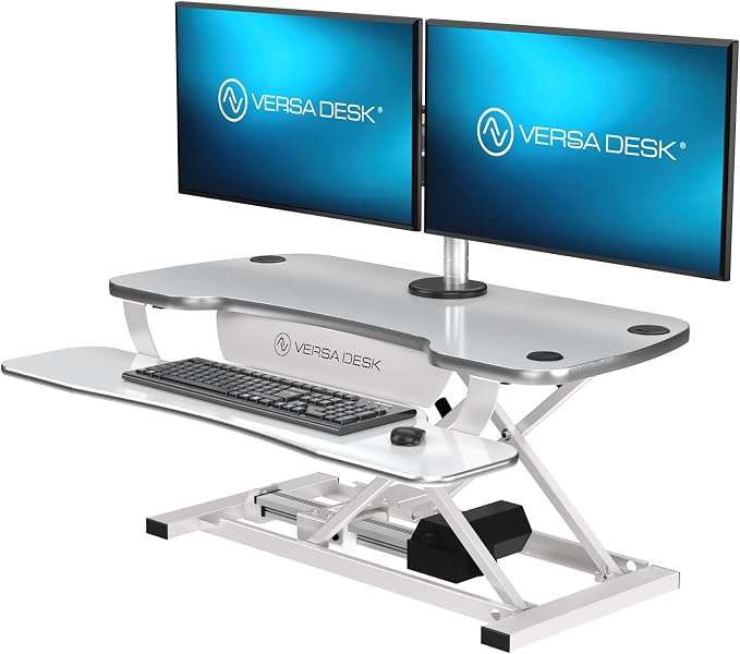 VERSADESK PowerPro 36 Inch Electric Standing Desk Converter – Push-Button Height Adjustable Sit to Stand Desk Riser for Dual Monitors & Laptop – Motorized Desktop Workstation with Wide Keyboard Tray