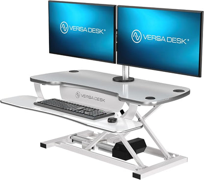 VERSADESK PowerPro 36 Inch Electric Standing Desk Converter – Push-Button Height Adjustable Sit to Stand Desk Riser for Dual Monitors & Laptop – Motorized Desktop Workstation with Wide Keyboard Tray