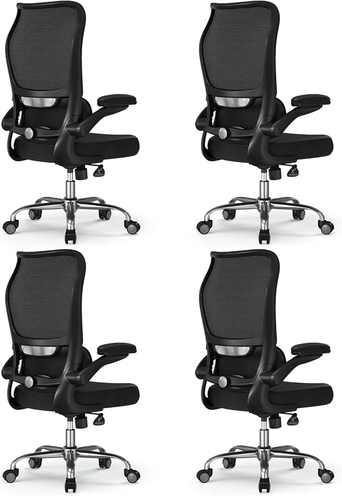 TRALT Ergonomic Office Chair - Desk Chair with Wave High Back Adjustable Lumbar Support Computer Chair - Gaming Chairs Mesh Backrest and PU Leather Seat for Home Reading Chairs (Black Pack of 4)