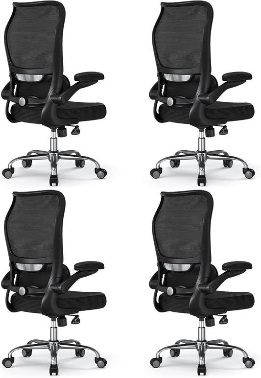 TRALT Ergonomic Office Chair - Desk Chair with Wave High Back Adjustable Lumbar Support Computer Chair - Gaming Chairs Mesh Backrest and PU Leather Seat for Home Reading Chairs (Black Pack of 4)