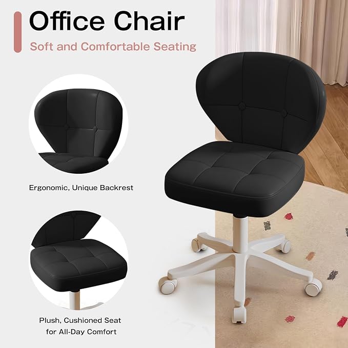 Small Office Chair with Lumbar Support, PU Leather Armless Swivel Desk Chair Adjustable Height, Compact Rolling Chair for Home Office, Bedroom, Study (Black)