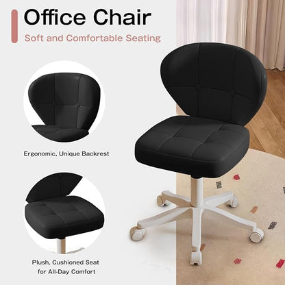 Small Office Chair with Lumbar Support, PU Leather Armless Swivel Desk Chair Adjustable Height, Compact Rolling Chair for Home Office, Bedroom, Study (Black)